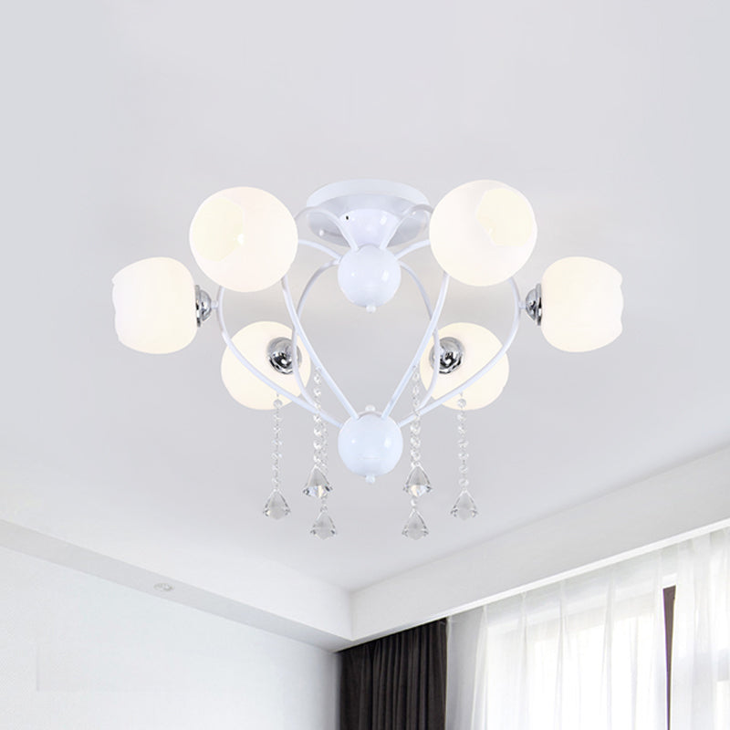 Globe Glass Shade Ceiling Light Fixture with Crystal Drop Rustic Metal 3/6/10 Heads Black/White Living Room Semi Flush Mount Light 6 White Clearhalo 'Ceiling Lights' 'Close To Ceiling Lights' 'Close to ceiling' 'Glass shade' 'Glass' 'Semi-flushmount' Lighting' 150732