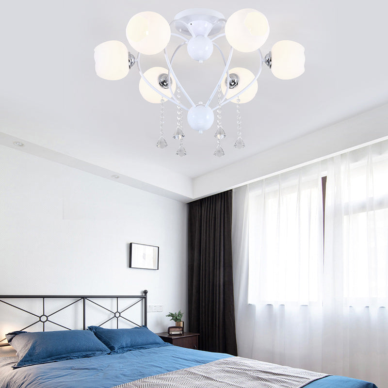 Globe Glass Shade Ceiling Light Fixture with Crystal Drop Rustic Metal 3/6/10 Heads Black/White Living Room Semi Flush Mount Light Clearhalo 'Ceiling Lights' 'Close To Ceiling Lights' 'Close to ceiling' 'Glass shade' 'Glass' 'Semi-flushmount' Lighting' 150733