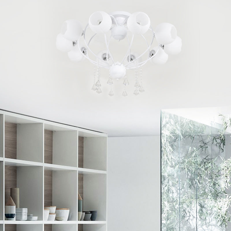 Globe Glass Shade Ceiling Light Fixture with Crystal Drop Rustic Metal 3/6/10 Heads Black/White Living Room Semi Flush Mount Light Clearhalo 'Ceiling Lights' 'Close To Ceiling Lights' 'Close to ceiling' 'Glass shade' 'Glass' 'Semi-flushmount' Lighting' 150736