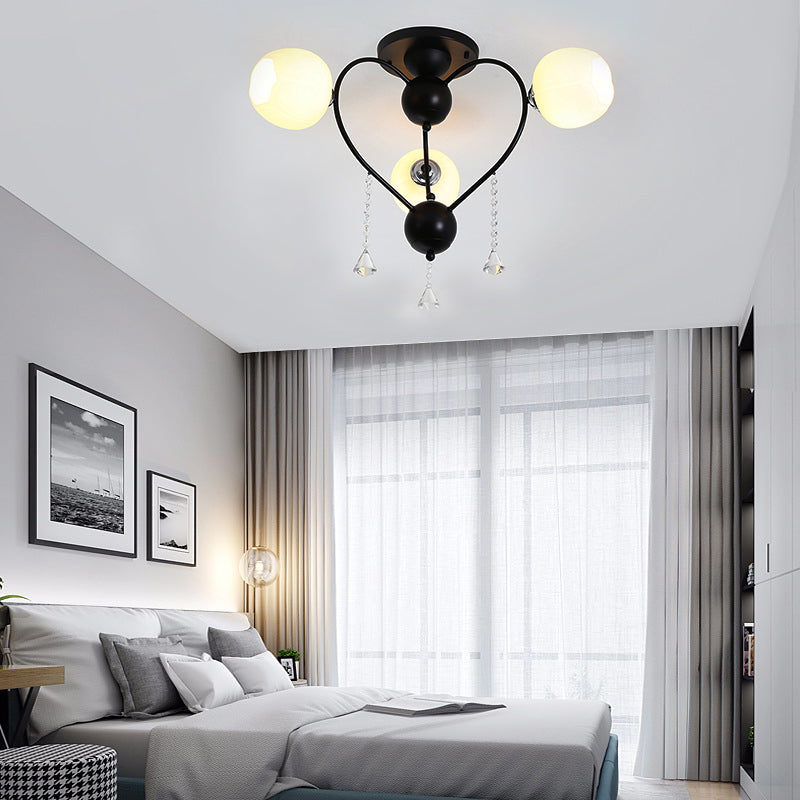 Globe Glass Shade Ceiling Light Fixture with Crystal Drop Rustic Metal 3/6/10 Heads Black/White Living Room Semi Flush Mount Light Clearhalo 'Ceiling Lights' 'Close To Ceiling Lights' 'Close to ceiling' 'Glass shade' 'Glass' 'Semi-flushmount' Lighting' 150739