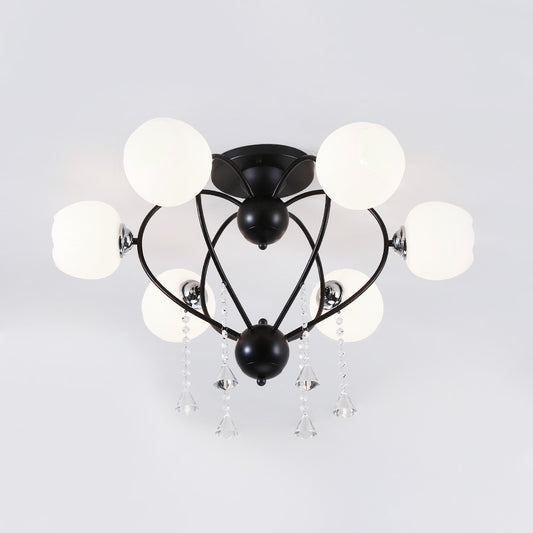 Globe Glass Shade Ceiling Light Fixture with Crystal Drop Rustic Metal 3/6/10 Heads Black/White Living Room Semi Flush Mount Light Clearhalo 'Ceiling Lights' 'Close To Ceiling Lights' 'Close to ceiling' 'Glass shade' 'Glass' 'Semi-flushmount' Lighting' 150744