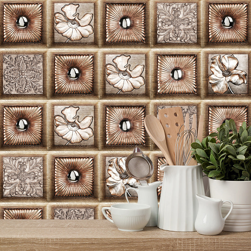 Rustic Wood Floral Wallpaper Panel Set 10 Pcs Brown Peel and Stick Wall Covering for Kitchen Brown Clearhalo 'Country wall decor' 'Rustic' 'Wallpaper' Wall Decor' 1507455