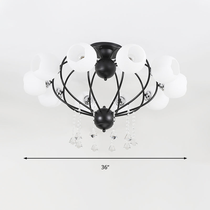 Globe Glass Shade Ceiling Light Fixture with Crystal Drop Rustic Metal 3/6/10 Heads Black/White Living Room Semi Flush Mount Light Clearhalo 'Ceiling Lights' 'Close To Ceiling Lights' 'Close to ceiling' 'Glass shade' 'Glass' 'Semi-flushmount' Lighting' 150749