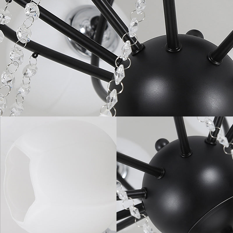 Globe Glass Shade Ceiling Light Fixture with Crystal Drop Rustic Metal 3/6/10 Heads Black/White Living Room Semi Flush Mount Light Clearhalo 'Ceiling Lights' 'Close To Ceiling Lights' 'Close to ceiling' 'Glass shade' 'Glass' 'Semi-flushmount' Lighting' 150750