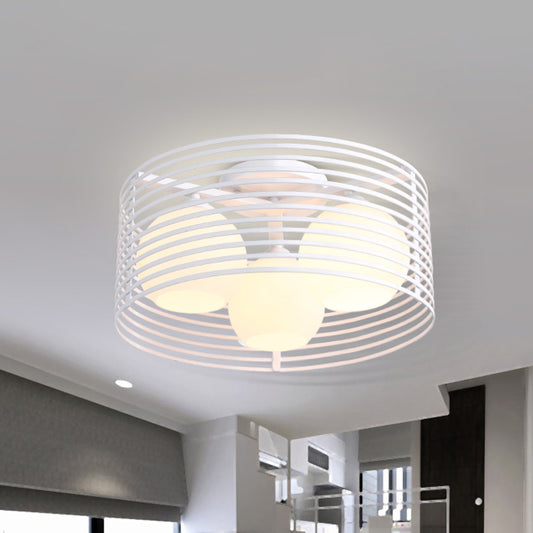 Round Iron Cage Semi Flush Mount Lamp Nordic Metal 3 Heads Black/White Bedroom Ceiling Flush Mount with Globe Glass Shade White Clearhalo 'Ceiling Lights' 'Close To Ceiling Lights' 'Close to ceiling' 'Glass shade' 'Glass' 'Semi-flushmount' Lighting' 150755