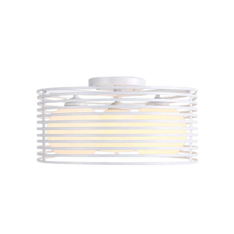 Round Iron Cage Semi Flush Mount Lamp Nordic Metal 3 Heads Black/White Bedroom Ceiling Flush Mount with Globe Glass Shade Clearhalo 'Ceiling Lights' 'Close To Ceiling Lights' 'Close to ceiling' 'Glass shade' 'Glass' 'Semi-flushmount' Lighting' 150757