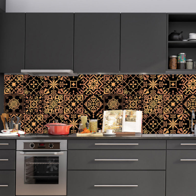 Retro Floral Peel off Wallpapers for Kitchen 10 Pcs 9.7-sq ft Wall Decor in Yellow on Black Yellow Clearhalo 'Vintage wall decor' 'Vintage' 'Wallpaper' Wall Decor' 1507605
