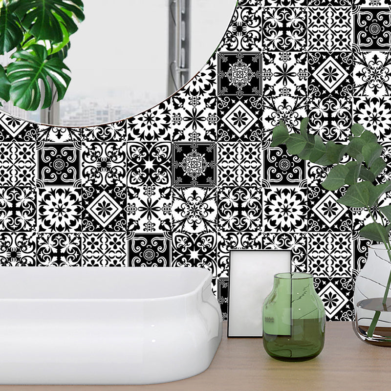 Black Retro Style Adhesive Wallpapers 9.7-sq ft Floral Print Wall Art for Bath, 10 Pieces Clearhalo 'Vintage wall decor' 'Vintage' 'Wallpaper' Wall Decor' 1507621