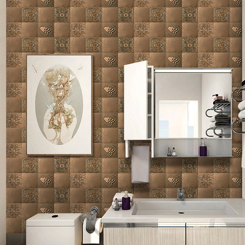 Mosaic Tile Medallion Wallpaper Panels Retro Smooth Adhesive Wall Art in Dark Brown (12 Pcs) Dark Brown Clearhalo 'Vintage wall decor' 'Vintage' 'Wallpaper' Wall Decor' 1507662
