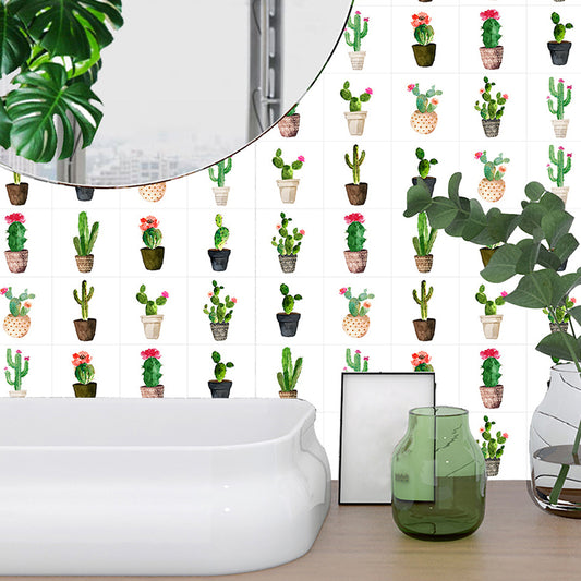 Green Potted Cactus Wallpapers 10 Pcs Easy Peel off Wall Art for Washroom, 12' L x 12" W Clearhalo 'Wall Decor' 'Wallpaper' 1507678