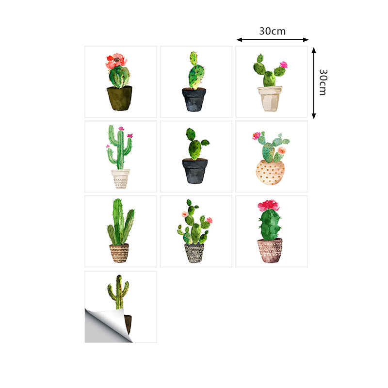 Green Potted Cactus Wallpapers 10 Pcs Easy Peel off Wall Art for Washroom, 12' L x 12" W Clearhalo 'Wall Decor' 'Wallpaper' 1507681