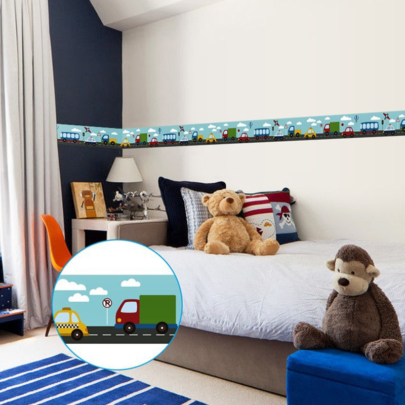 Kids Vehicles Peel Wallpaper Borders for Nursery 2 Pieces 33' L x 4" W Wall Art in Blue Clearhalo 'Wall Decor' 'Wallpaper' 1507732