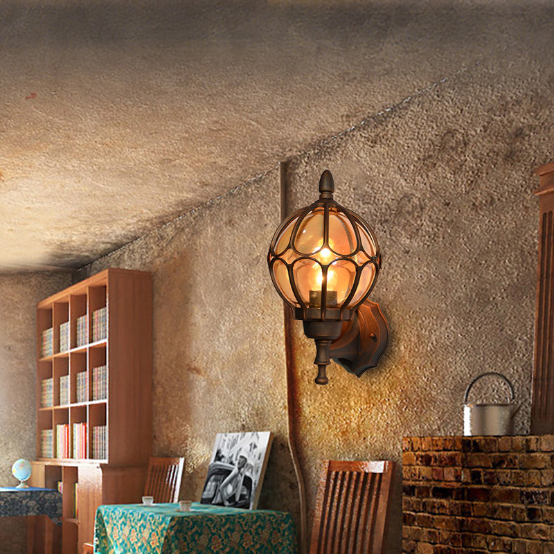 Globe Living Room Wall Light Fixture Industrial Amber Glass 1 Light Black/Gold/Bronze Sconce Lamp, 8.5"/9"/12.5" W Bronze Clearhalo 'Art deco wall lights' 'Cast Iron' 'Glass' 'Industrial wall lights' 'Industrial' 'Middle century wall lights' 'Modern' 'Rustic wall lights' 'Tiffany' 'Traditional wall lights' 'Wall Lamps & Sconces' 'Wall Lights' Lighting' 150774