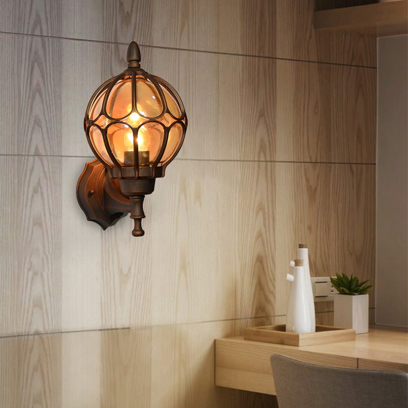 Globe Living Room Wall Light Fixture Industrial Amber Glass 1 Light Black/Gold/Bronze Sconce Lamp, 8.5"/9"/12.5" W Clearhalo 'Art deco wall lights' 'Cast Iron' 'Glass' 'Industrial wall lights' 'Industrial' 'Middle century wall lights' 'Modern' 'Rustic wall lights' 'Tiffany' 'Traditional wall lights' 'Wall Lamps & Sconces' 'Wall Lights' Lighting' 150776