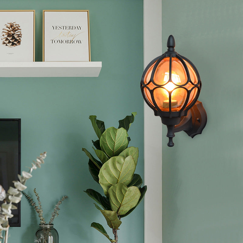 Globe Living Room Wall Light Fixture Industrial Amber Glass 1 Light Black/Gold/Bronze Sconce Lamp, 8.5"/9"/12.5" W Clearhalo 'Art deco wall lights' 'Cast Iron' 'Glass' 'Industrial wall lights' 'Industrial' 'Middle century wall lights' 'Modern' 'Rustic wall lights' 'Tiffany' 'Traditional wall lights' 'Wall Lamps & Sconces' 'Wall Lights' Lighting' 150787