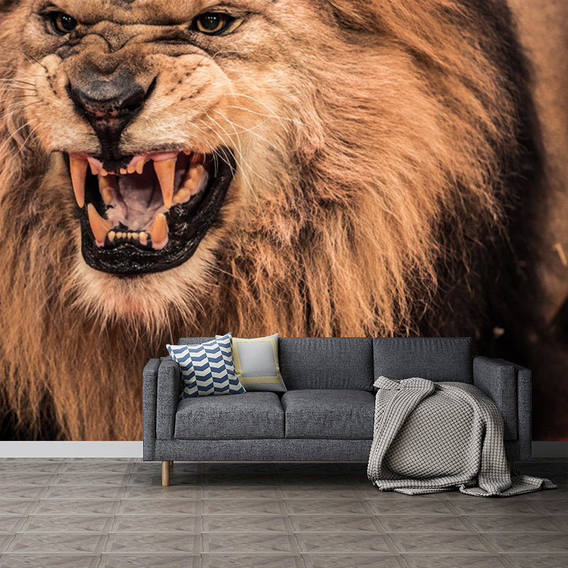 Photography Lion Roaring Mural Wallpaper for Bedroom, Brown, Personalized Size Available Clearhalo 'Wall Decor' 'Wall Mural' 1508272