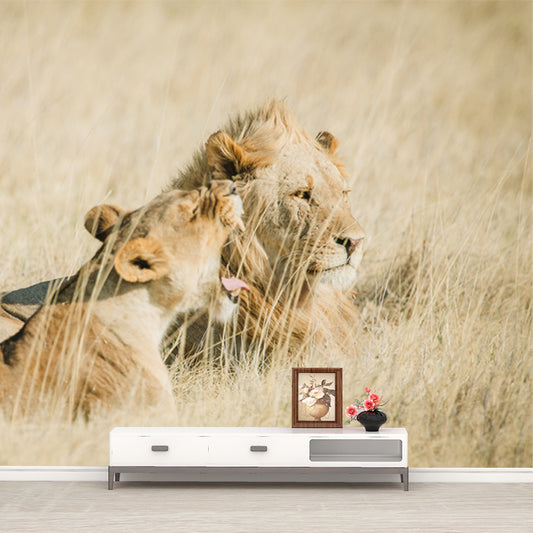 Brown Lions in Grass Mural Decal Water-Proof Wall Decor for Living Room, Optional Size Clearhalo 'Wall Decor' 'Wall Mural' 1508277