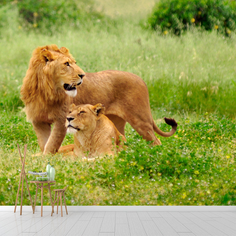 Modern Lion Couple Mural Green Scenery Wall Covering for Home, Custom Size Available Green Clearhalo 'Wall Decor' 'Wall Mural' 1508285
