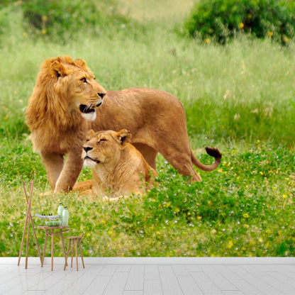 Modern Lion Couple Mural Green Scenery Wall Covering for Home, Custom Size Available Green Clearhalo 'Wall Decor' 'Wall Mural' 1508285