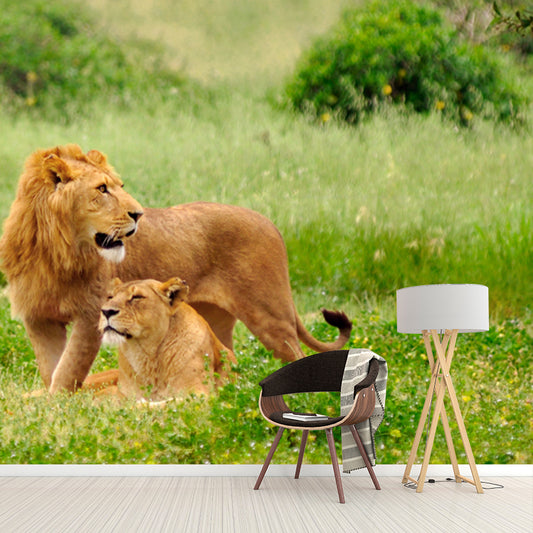 Modern Lion Couple Mural Green Scenery Wall Covering for Home, Custom Size Available Clearhalo 'Wall Decor' 'Wall Mural' 1508287