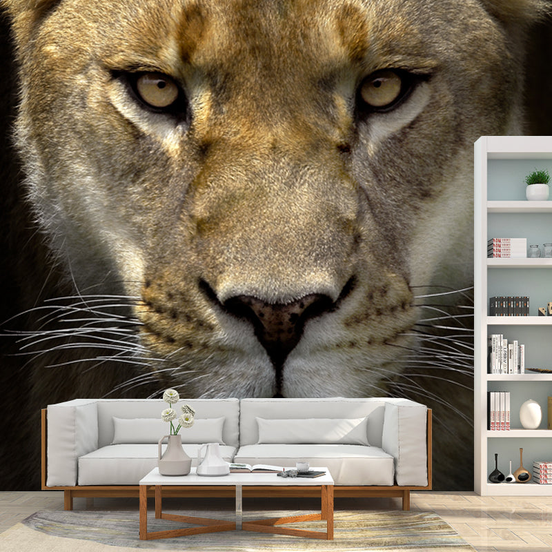 Photography Lion Head Mural Decal Huge Wall Covering for Living Room, Custom Made Brown Clearhalo 'Wall Decor' 'Wall Mural' 1508300