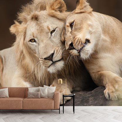 Brown Lover Lion Wallpaper Mural Waterproofing Wall Art for Living Room, Made to Measure Brown Clearhalo 'Wall Decor' 'Wall Mural' 1508310