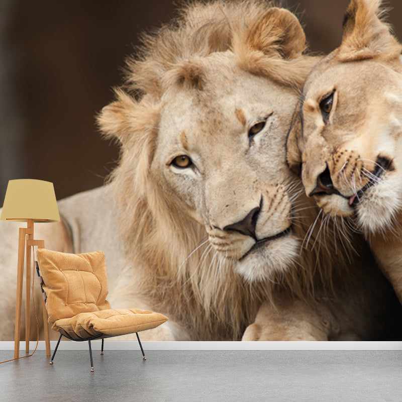 Brown Lover Lion Wallpaper Mural Waterproofing Wall Art for Living Room, Made to Measure Clearhalo 'Wall Decor' 'Wall Mural' 1508312