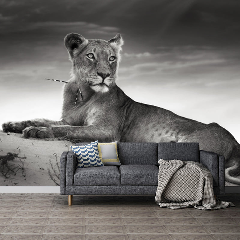 Grey Desert Lion Wallpaper Mural Waterproofing Modernist Bedroom Wall Decoration Grey Clearhalo 'Wall Decor' 'Wall Mural' 1508335