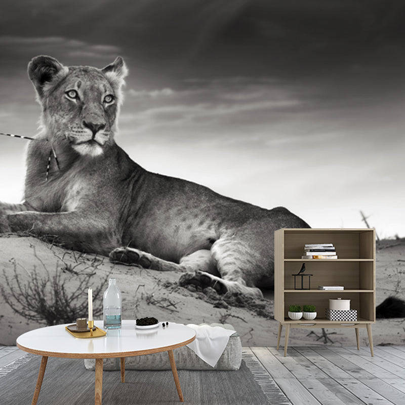 Grey Desert Lion Wallpaper Mural Waterproofing Modernist Bedroom Wall Decoration Clearhalo 'Wall Decor' 'Wall Mural' 1508337