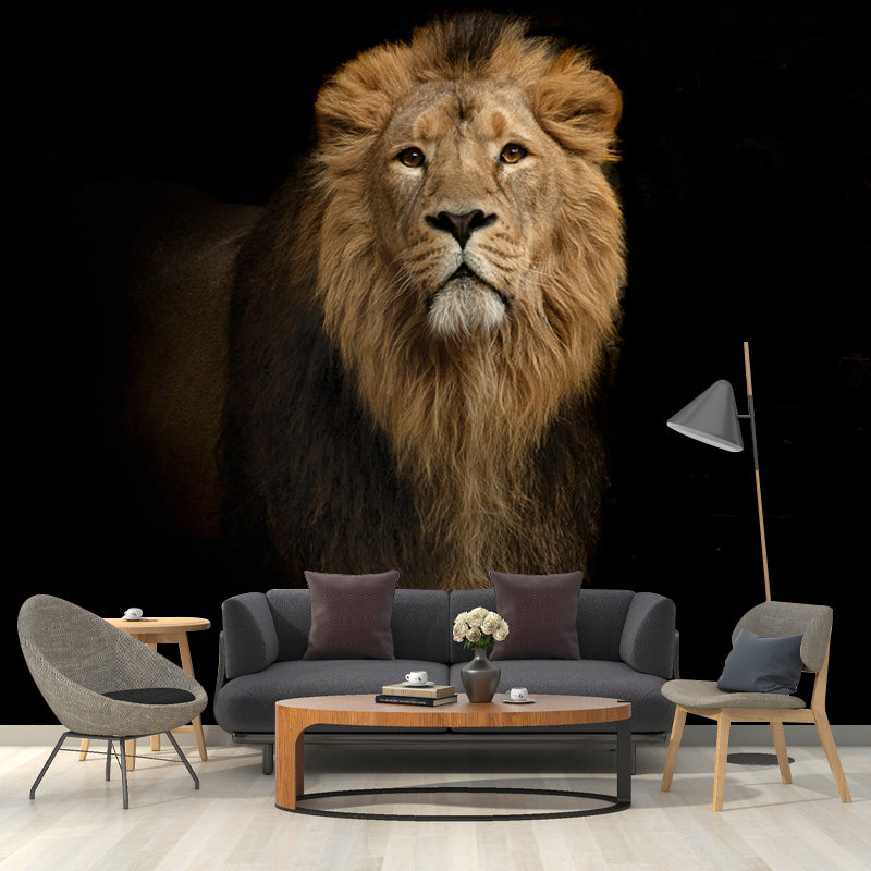 Cool Lion in Darkness Mural Wallpaper for Living Room, Brown, Custom Size Available Brown Clearhalo 'Wall Decor' 'Wall Mural' 1508345