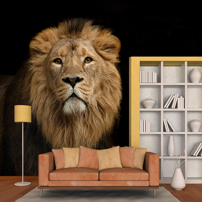 Cool Lion in Darkness Mural Wallpaper for Living Room, Brown, Custom Size Available Clearhalo 'Wall Decor' 'Wall Mural' 1508347