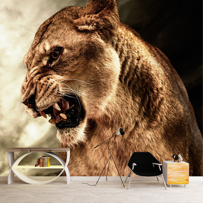 Photography Angry Lion Wall Mural Full-Size Wall Art for Living Room, Made to Measure Brown Clearhalo 'Wall Decor' 'Wall Mural' 1508355