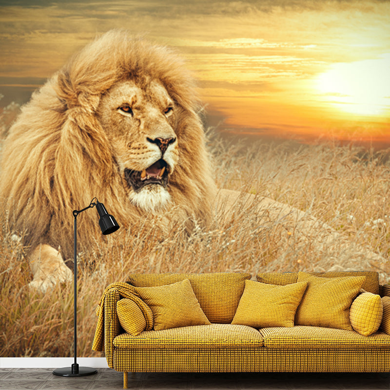 Contemporary Wild Animal Mural Brown Lion Lying on Ground at Sunset Wall Covering Brown Clearhalo 'Wall Decor' 'Wall Mural' 1508365