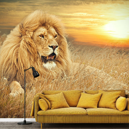 Contemporary Wild Animal Mural Brown Lion Lying on Ground at Sunset Wall Covering Brown Clearhalo 'Wall Decor' 'Wall Mural' 1508365