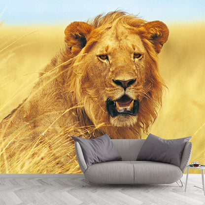 Non-Woven Washable Mural Contemporary Lion Pattern Wall Decoration in Yellow for Home Yellow Clearhalo 'Wall Decor' 'Wall Mural' 1508390