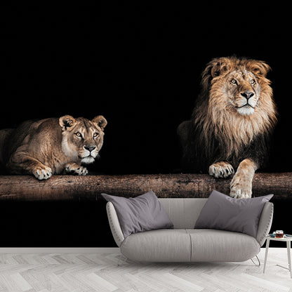 Lions in the Dark Mural Black Modernist Wall Art for Living Room, Personalized Size Black Clearhalo 'Wall Decor' 'Wall Mural' 1508400