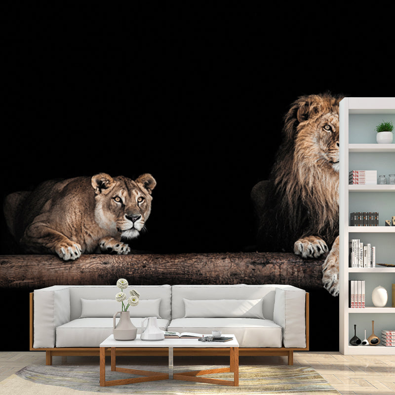 Lions in the Dark Mural Black Modernist Wall Art for Living Room, Personalized Size Clearhalo 'Wall Decor' 'Wall Mural' 1508401