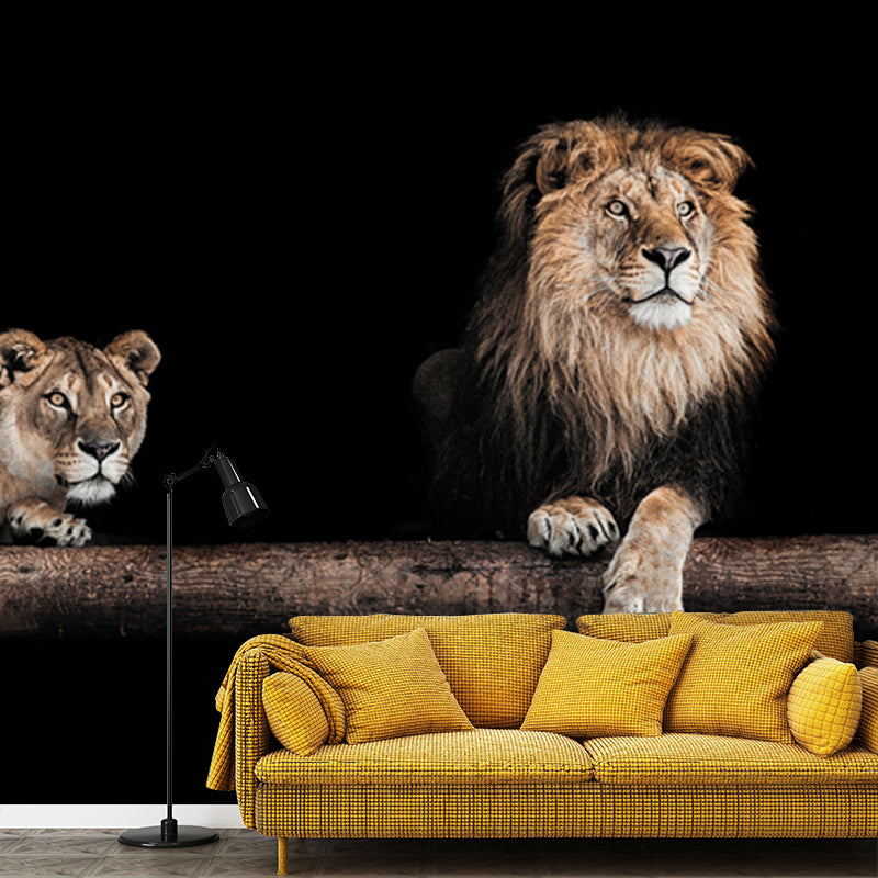 Lions in the Dark Mural Black Modernist Wall Art for Living Room, Personalized Size Clearhalo 'Wall Decor' 'Wall Mural' 1508402