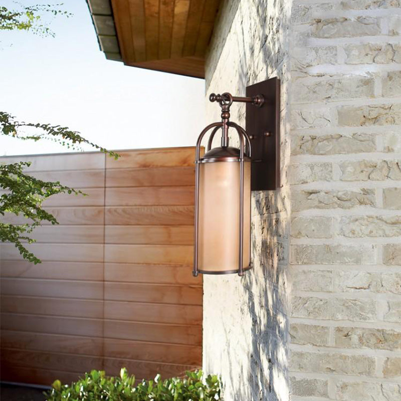 Cylindrical Frosted Glass Wall Light Industrial Single Bulb Bedroom Sconce with Metal Backplate in Bronze Clearhalo 'Art deco wall lights' 'Cast Iron' 'Glass' 'Industrial wall lights' 'Industrial' 'Middle century wall lights' 'Modern' 'Rustic wall lights' 'Tiffany' 'Traditional wall lights' 'Wall Lamps & Sconces' 'Wall Lights' Lighting' 150843