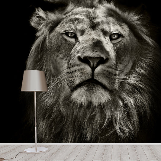 Full-Size Lion Face Mural Decal in Black Non-Woven Material Wall Covering, Washable, Custom Size Clearhalo 'Wall Decor' 'Wall Mural' 1508441