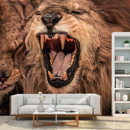 Waterproof Furious Lion Roaring Mural Modern Non-Woven Fabric Wall Covering, Custom Made Clearhalo 'Wall Decor' 'Wall Mural' 1508511