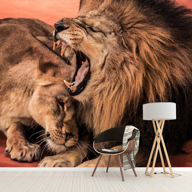 Brown Sleepy Lions Mural Wallpaper Moisture Resistant Wall Covering for Accent Wall Brown Clearhalo 'Wall Decor' 'Wall Mural' 1508525