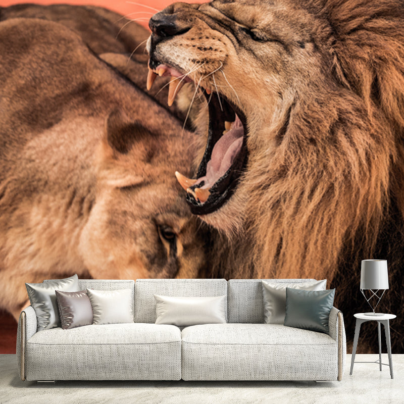 Brown Sleepy Lions Mural Wallpaper Moisture Resistant Wall Covering for Accent Wall Clearhalo 'Wall Decor' 'Wall Mural' 1508527