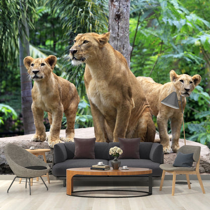 Green Tropical Wall Mural Decal Whole Lions in the Jungle Wall Art for Living Room Green Clearhalo 'Wall Decor' 'Wall Mural' 1508530