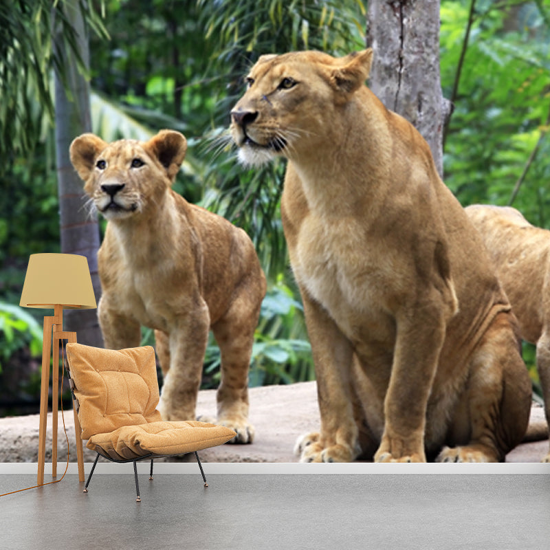 Green Tropical Wall Mural Decal Whole Lions in the Jungle Wall Art for Living Room Clearhalo 'Wall Decor' 'Wall Mural' 1508531