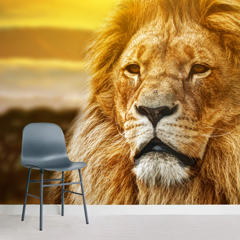 Lion with Sunset View Mural Contemporary Non-Woven Material Wall Covering in Brown Brown Clearhalo 'Wall Decor' 'Wall Mural' 1508540