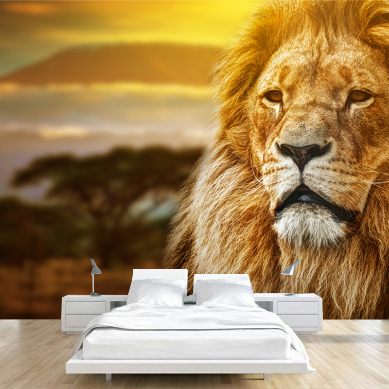 Lion with Sunset View Mural Contemporary Non-Woven Material Wall Covering in Brown Clearhalo 'Wall Decor' 'Wall Mural' 1508541