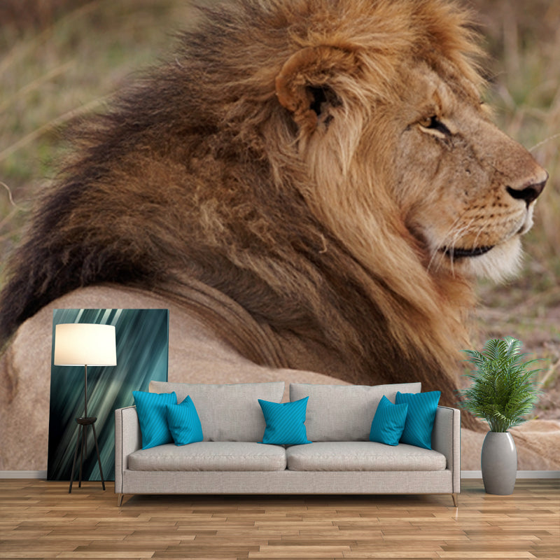 Lion Lies in Savanna Mural Brown Modern Wall Art for Bedroom, Customized Size Available Clearhalo 'Wall Decor' 'Wall Mural' 1508547