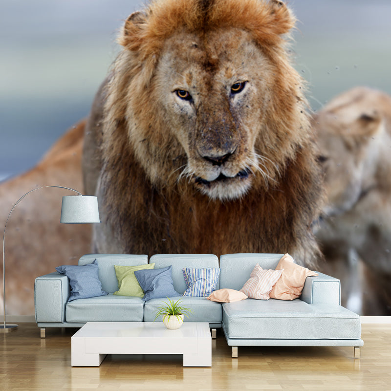 Non-Woven Big Brown Mural Modern Lion Wall Covering for Living Room, Custom Size Brown Clearhalo 'Wall Decor' 'Wall Mural' 1508570