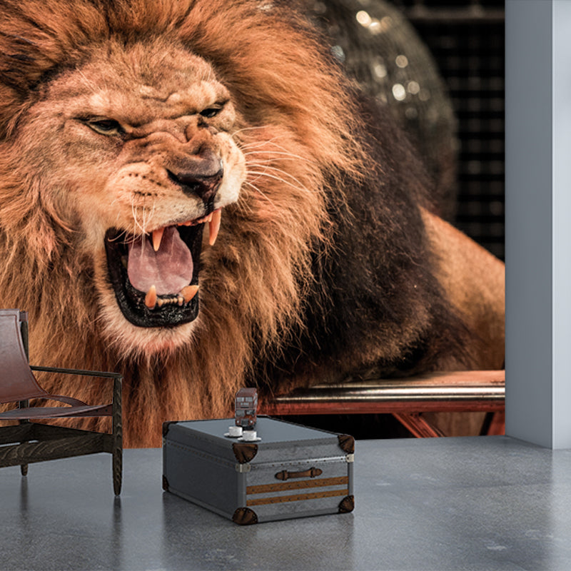 Stain Resistant Roaring Lion Mural Modern Non-Woven Wall Art in Brown, Custom Print Clearhalo 'Wall Decor' 'Wall Mural' 1508576